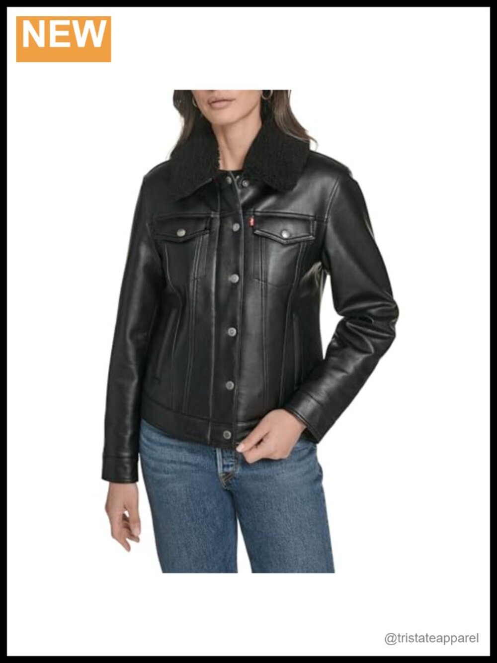 Sherpa Lined Trucker Jacket with Zipper & Snaps, Faux Leather, Women's Casual